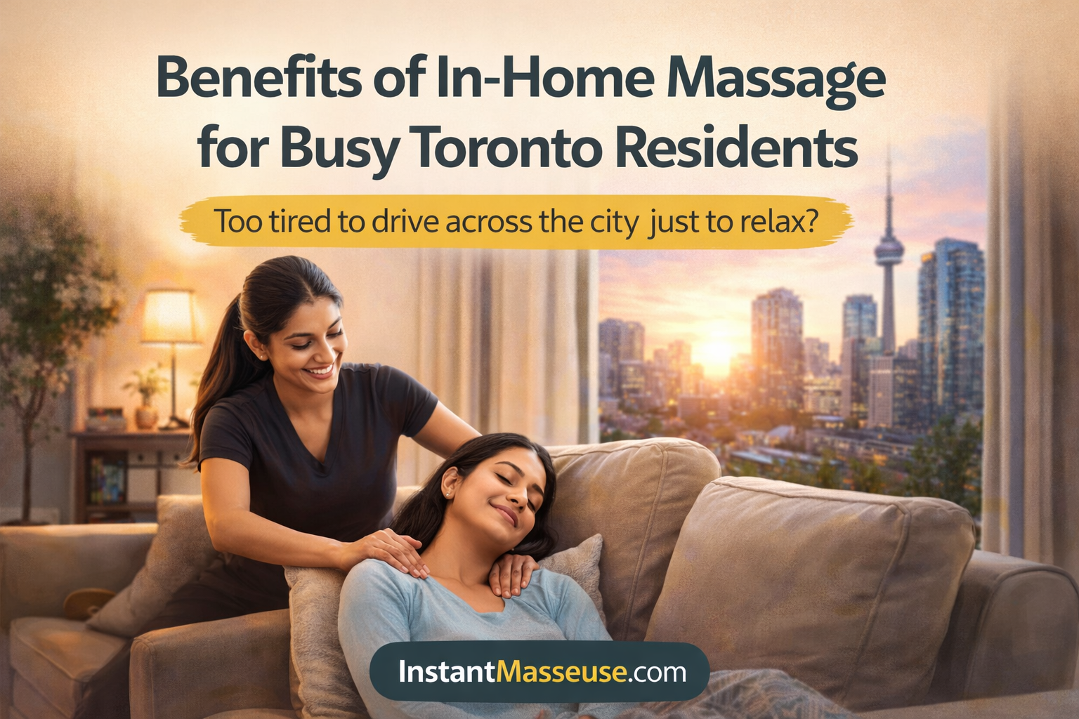 In-home massage in Toronto showing a mobile massage provider helping a client relax at home with a city skyline view, highlighting convenience for busy residents.