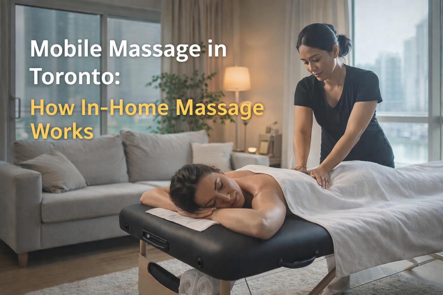 Mobile massage in Toronto with a professional massage practitioner providing an in-home massage session in a comfortable home environment.