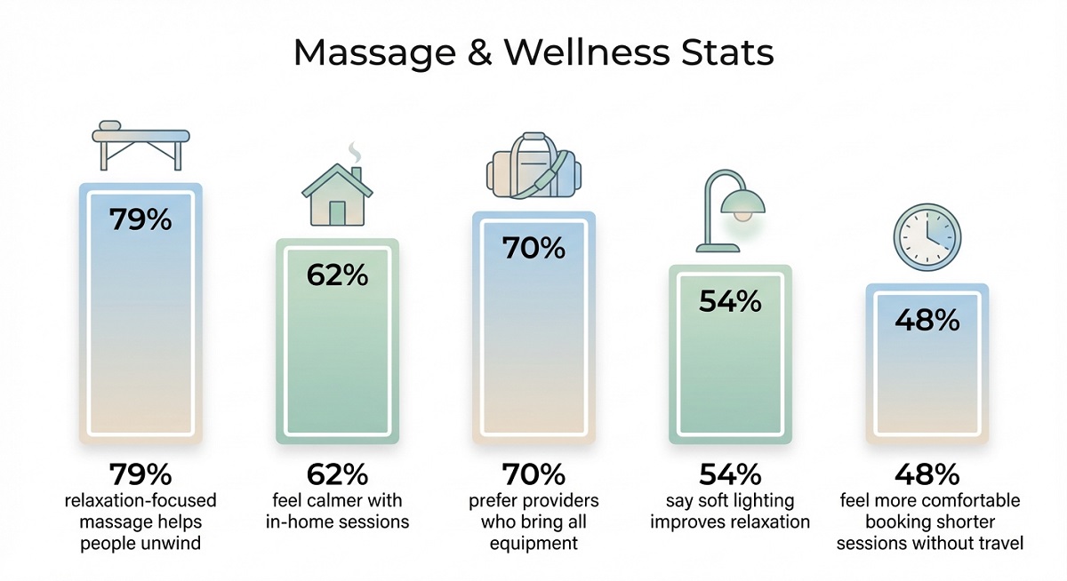 Bar chart showing massage relaxation benefits, with 50–70% of people reporting reduced stress, better sleep, and regular sessions.