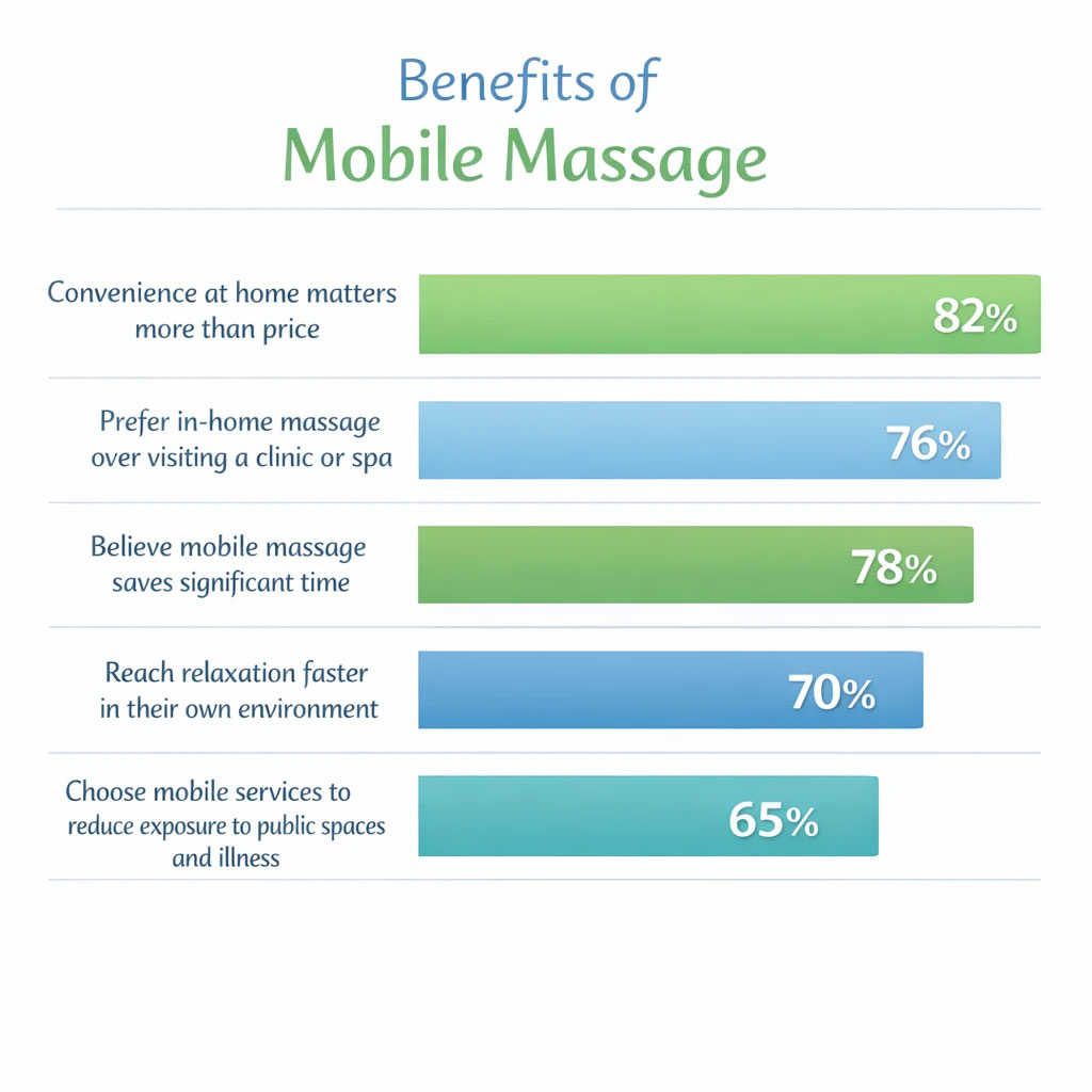 Infographic titled “Benefits of Mobile Massage” showing survey results: 82% say home convenience matters more than price, 76% prefer in home massage over a clinic or spa, 78% believe it saves time, 70% relax faster at home, and 65% choose it to reduce exposure to public spaces and illness. Infographic titled “Benefits of Mobile Massage” showing survey results: 82% say home convenience matters more than price, 76% prefer in home massage over a clinic or spa, 78% believe it saves time, 70% relax faster at home, and 65% choose it to reduce exposure to public spaces and illness.
