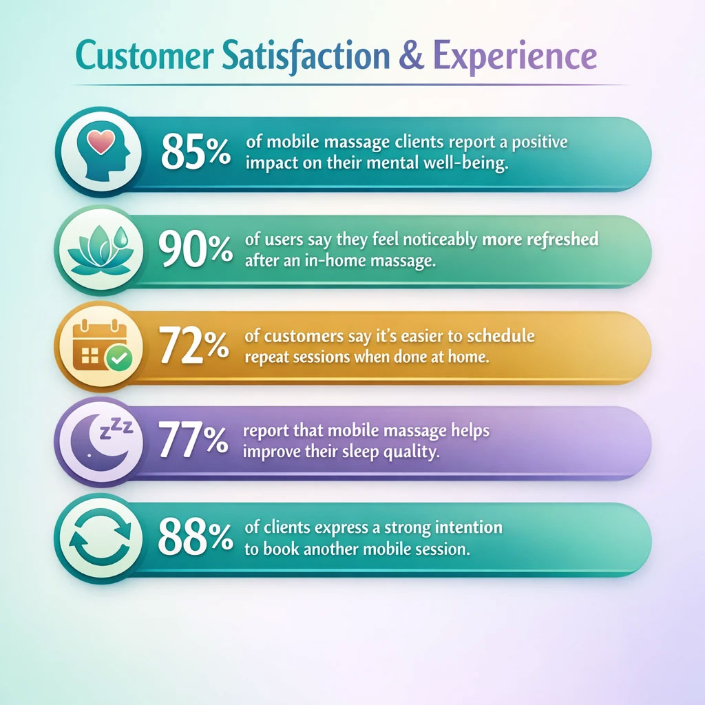 Infographic titled “Customer Satisfaction & Experience” showing survey results for mobile massage services: 85% report improved mental well being, 90% feel more refreshed, 72% say scheduling repeat sessions at home is easier, 77% report better sleep, and 88% plan to book another session. Infographic titled “Customer Satisfaction & Experience” showing survey results for mobile massage services: 85% report improved mental well being, 90% feel more refreshed, 72% say scheduling repeat sessions at home is easier, 77% report better sleep, and 88% plan to book another session.
