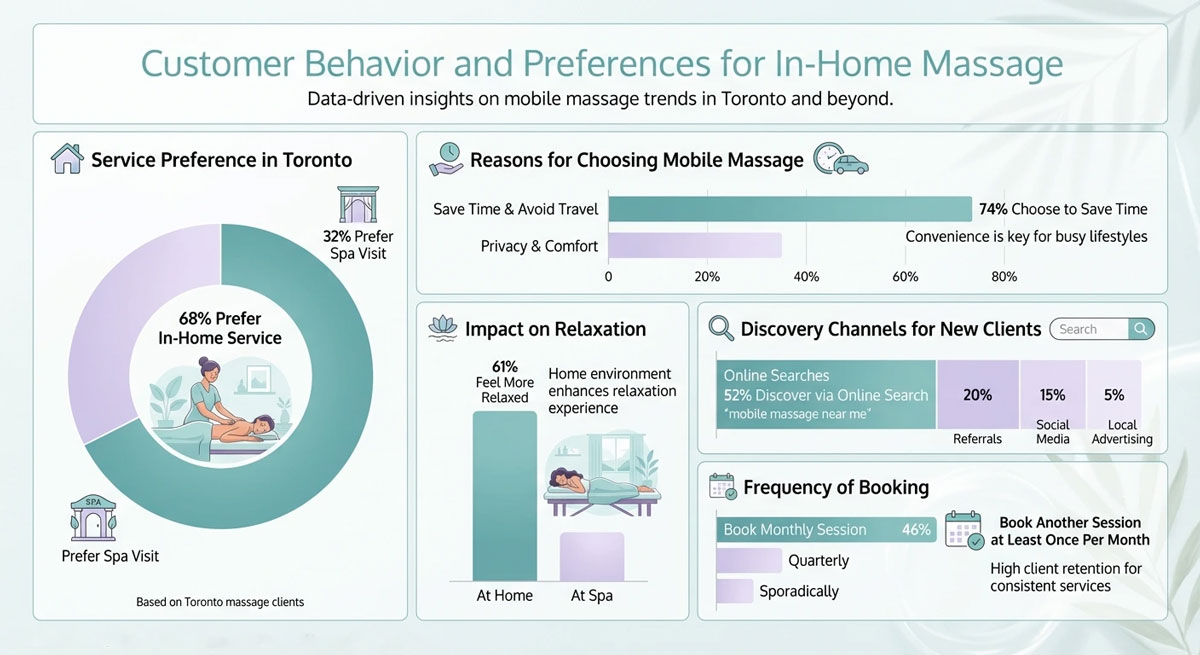 Infographic about customer preferences for in home massage in Toronto showing 68% prefer in home service over 32% spa visits, 74% choose it to save time, 61% feel more relaxed at home, 52% find services via online search, and 46% book monthly sessions.
