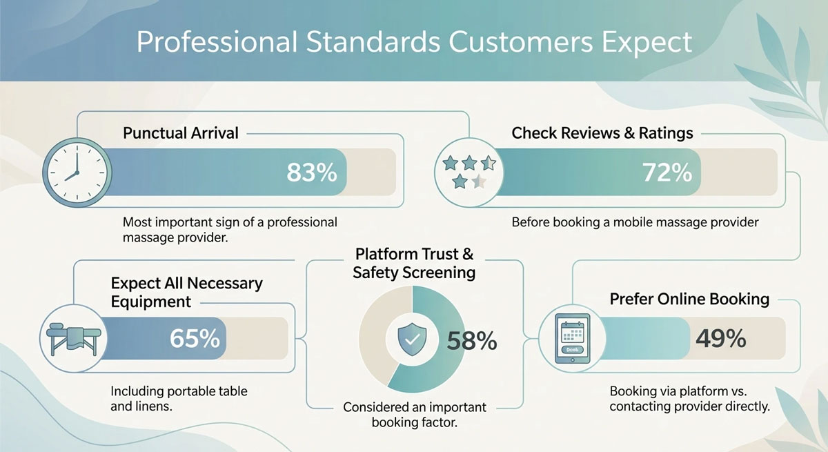 Infographic showing what customers expect from professional mobile massage providers: 83% value punctual arrival, 72% check reviews and ratings, 65% expect necessary equipment, 58% care about platform trust and safety screening, and 49% prefer online booking.