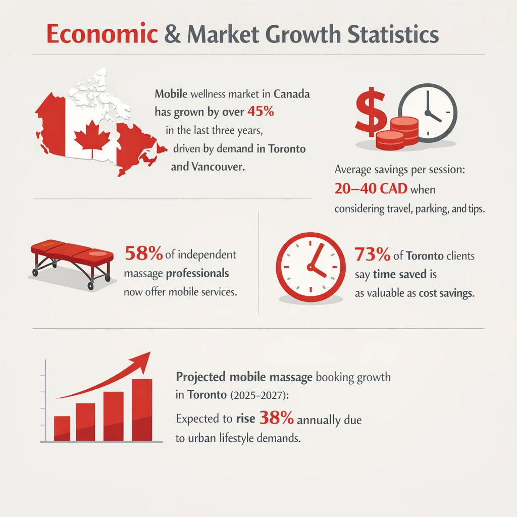 Infographic showing key stats on Canada’s mobile wellness growth, including market growth, cost savings, rising mobile service adoption, and strong booking increases in Toronto.