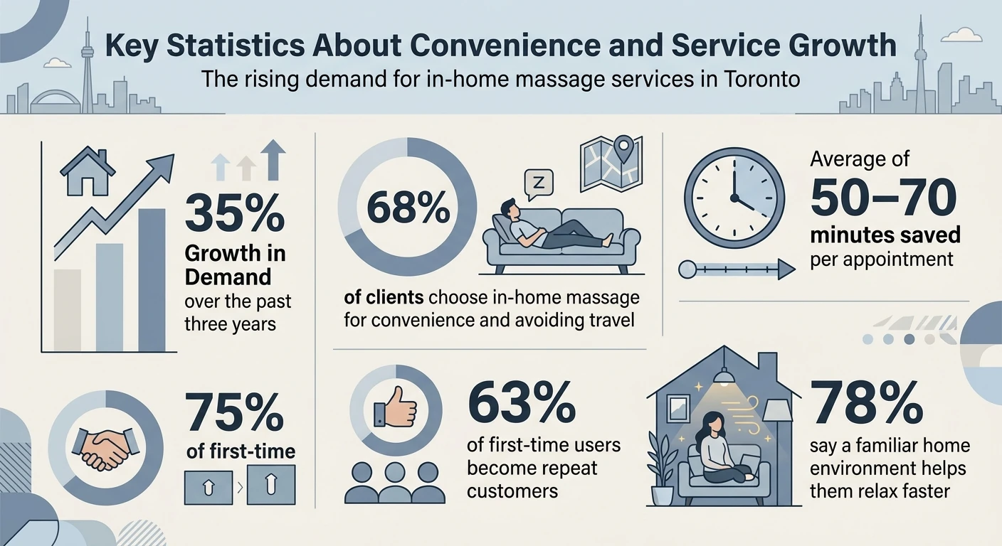 Infographic titled “Key Statistics About Convenience and Service Growth” for in-home massage in Toronto. Key data includes: 35% growth in demand over three years, 68% choose it for convenience and avoiding travel, 50–70 minutes saved per appointment, 63% of first-time users become repeat customers, and 78% relax faster in a familiar home environment.