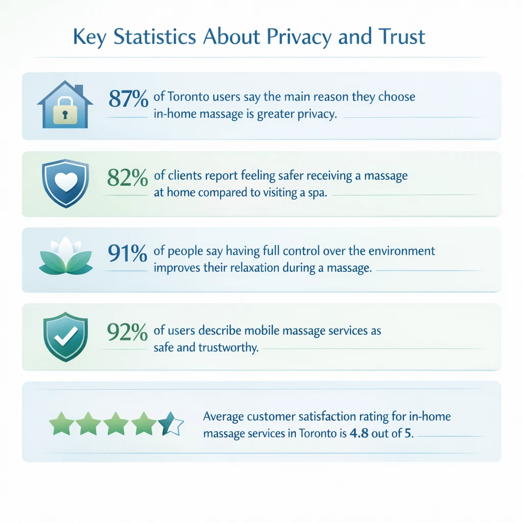 Infographic titled “Key Statistics About Privacy and Trust” showing statistics for in home massage in Toronto: 87% choose it for privacy, 82% feel safer at home than at a spa, 91% say control of the environment improves relaxation, 92% describe mobile massage as safe and trustworthy, and the average customer rating is 4.8/5.