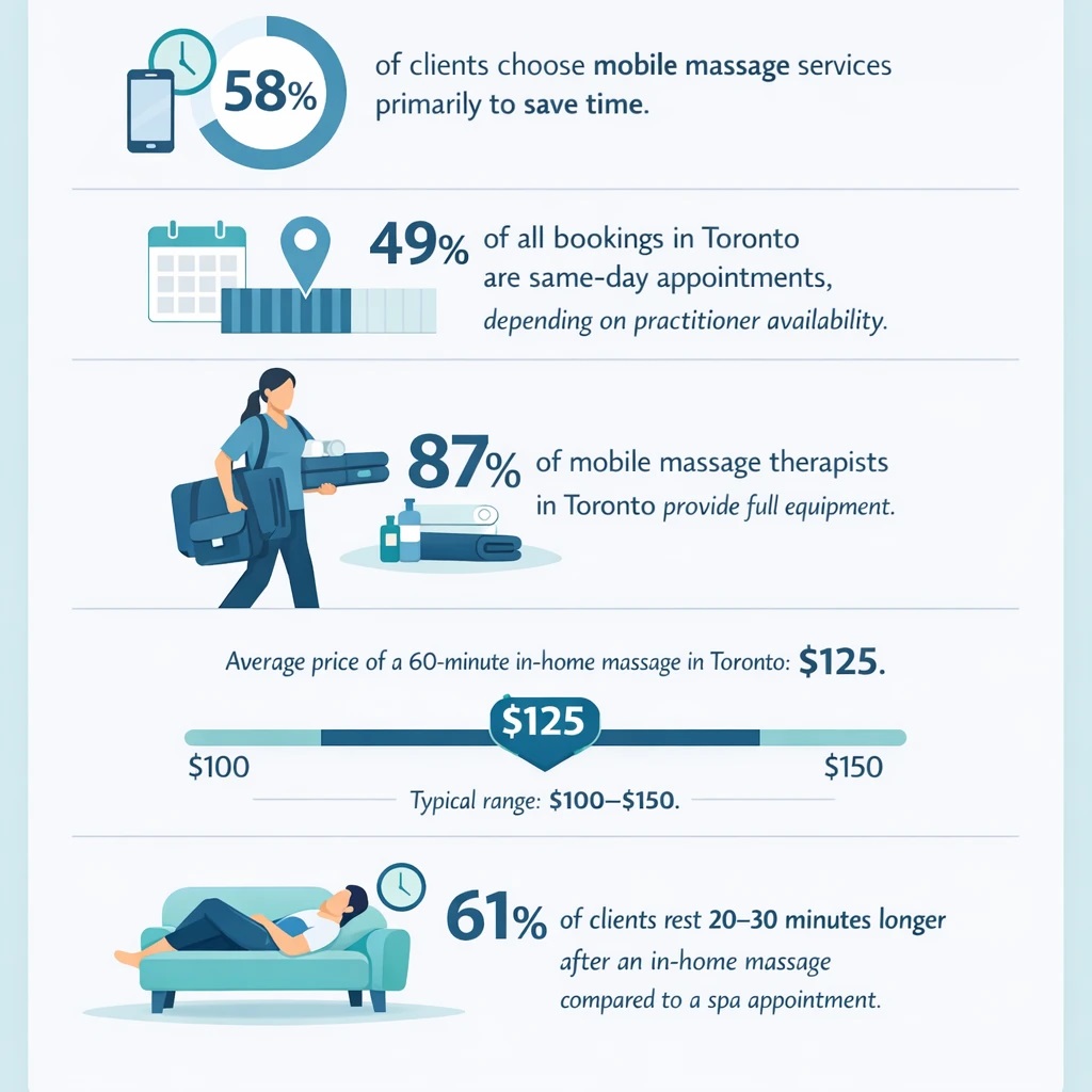 Infographic showing mobile massage stats: 58% choose it to save time, 49% same-day bookings, 87% therapists bring equipment, average price $125 ($100–$150 range), and 61% rest longer after sessions.
