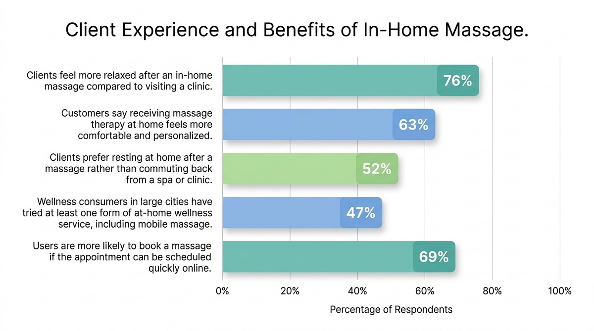 Horizontal bar chart showing client experience and benefits of in-home massage, highlighting relaxation, comfort, convenience, and online booking preference percentages. Horizontal bar chart showing client experience and benefits of in-home massage, highlighting relaxation, comfort, convenience, and online booking preference percentages.