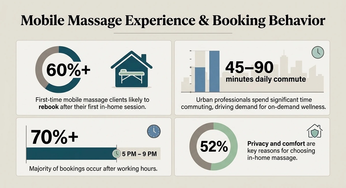 Infographic showing mobile massage trends: 60%+ rebook after first session, commuters spend 45–90 minutes daily, 70%+ bookings happen 5–9 PM, and 52% choose in home massage for privacy and comfort