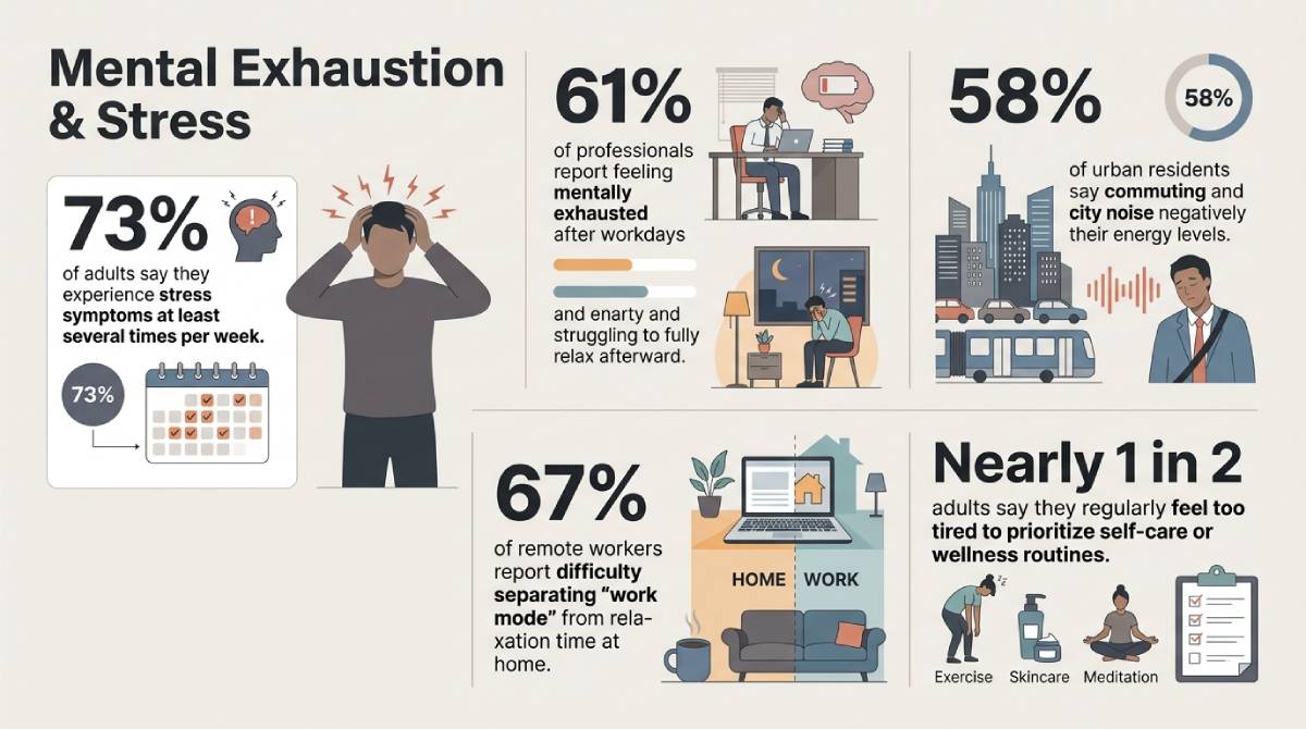 Infographic titled ‘Mental Exhaustion & Stress’ with statistics on workplace burnout, urban fatigue, remote work-life balance, and barriers to self-care