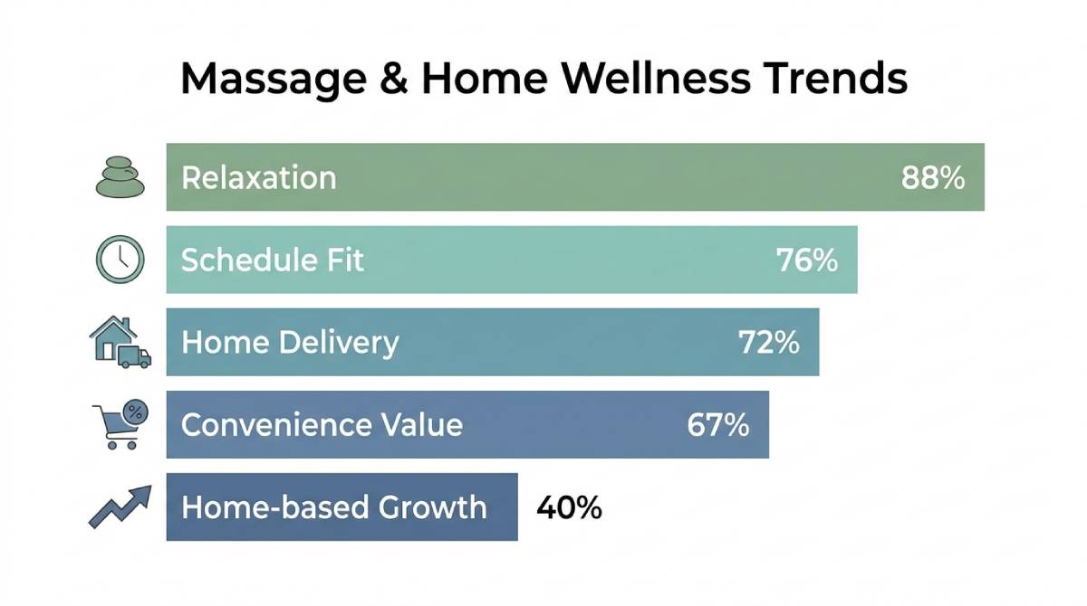 Bar chart showing massage and home wellness trends, including relaxation, convenience, home delivery, and schedule flexibility preferences. Bar chart showing massage and home wellness trends, including relaxation, convenience, home delivery, and schedule flexibility preferences.