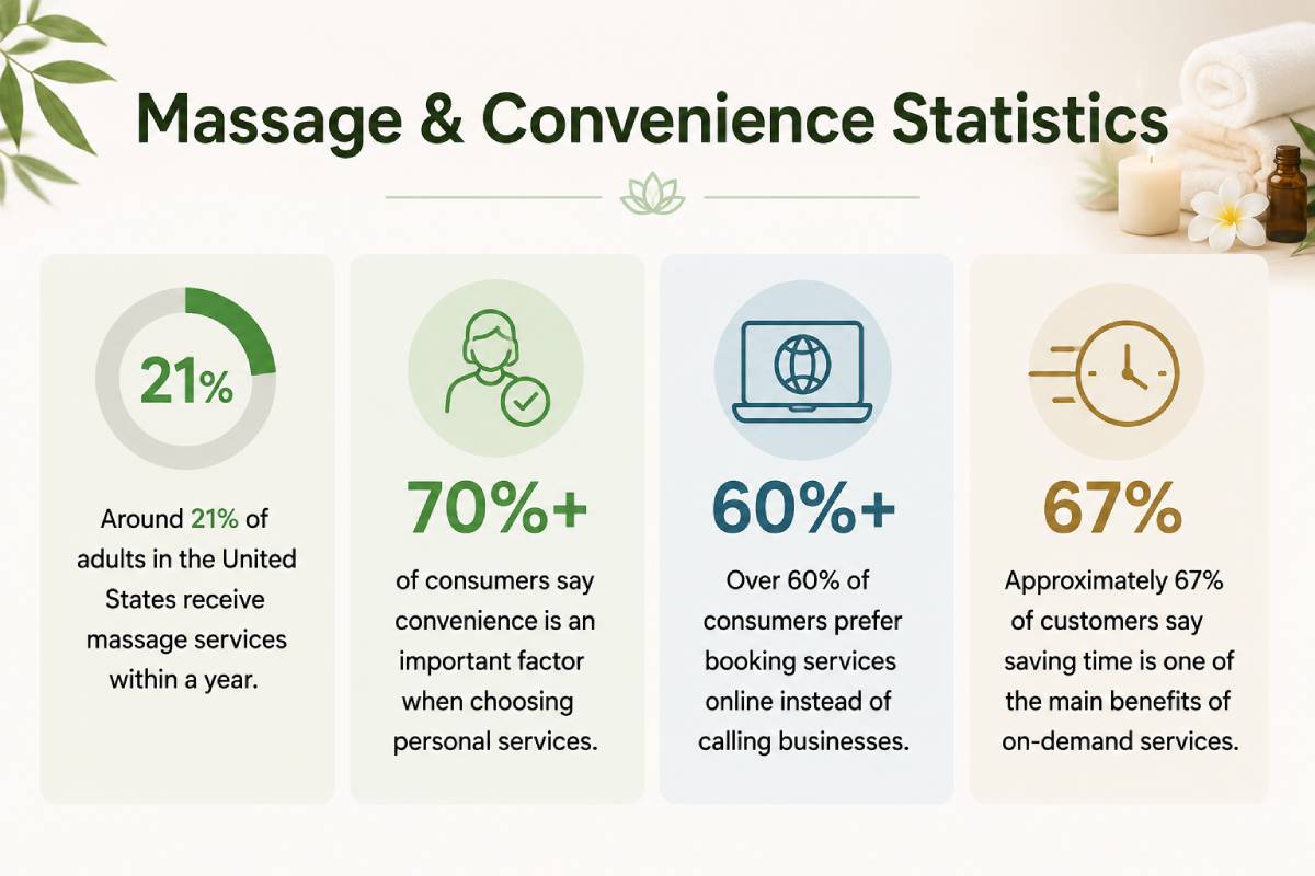 Massage and convenience statistics infographic showing key consumer trends and booking preferences. Massage and convenience statistics infographic showing key consumer trends and booking preferences.