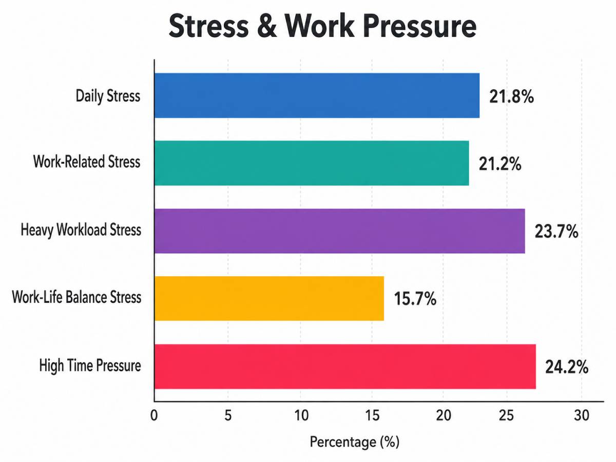 Horizontal bar chart titled “Stress & Work Pressure” showing high time pressure at 24.2%, heavy workload stress at 23.7%, daily stress at 21.8%, work-related stress at 21.2%, and work-life balance stress at 15.7%.
